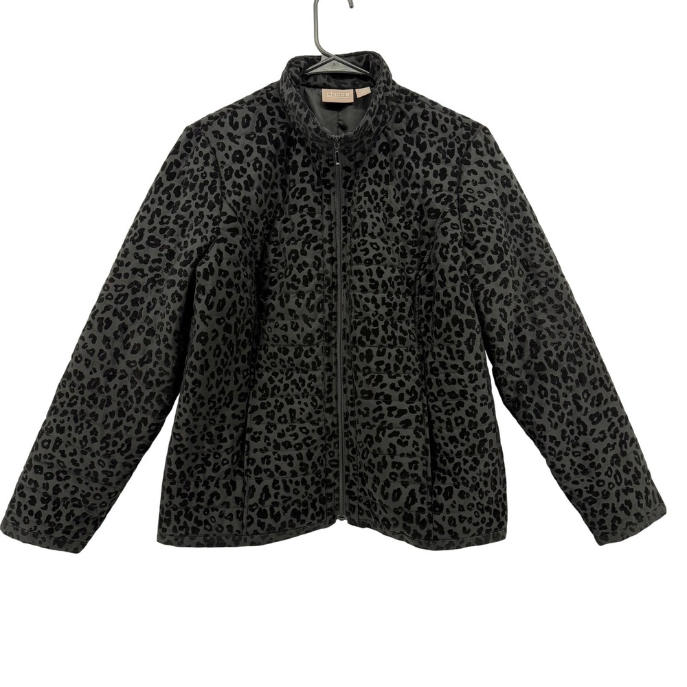 Chicos Women's Leopard Print Black Velvet Quilted Zip Front‎ Jacket Size 1 (M)
